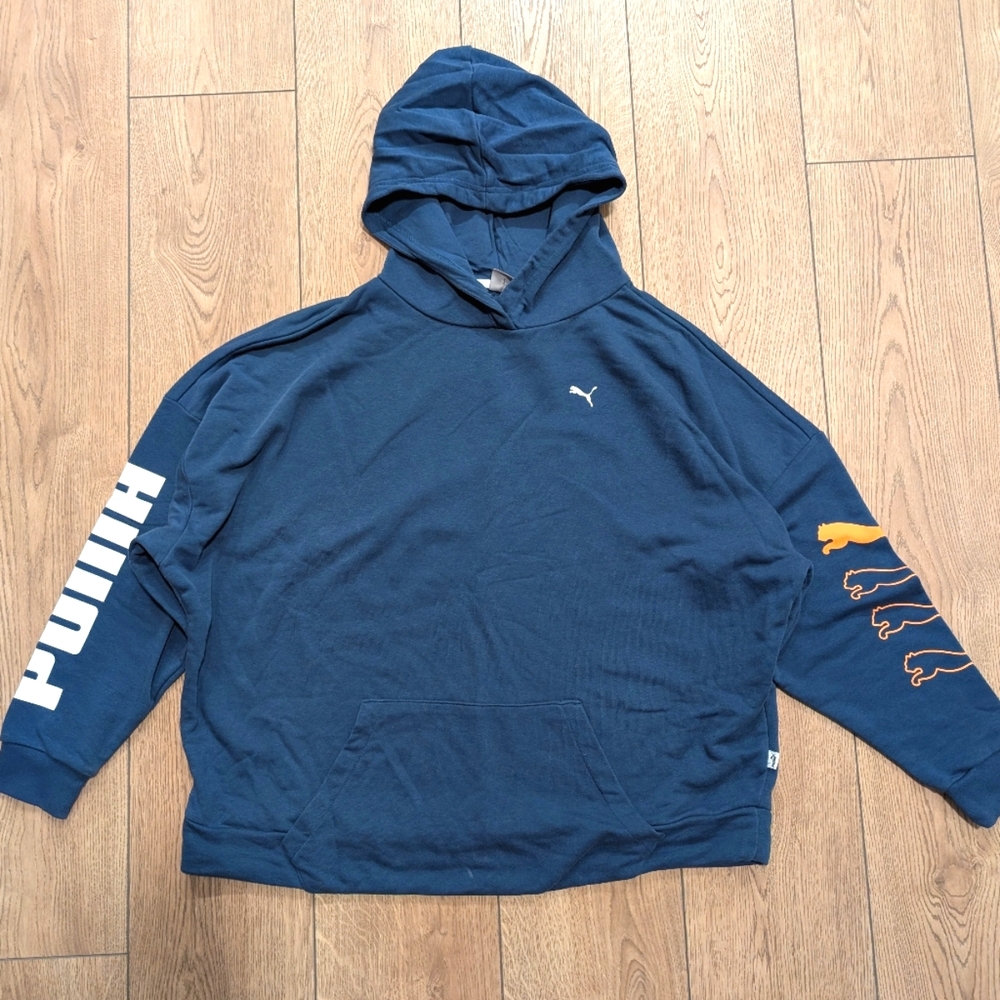 Puma Womens XL Blue Logo Hoodie Sweatshirt Shirt Top Hooded Oversized
